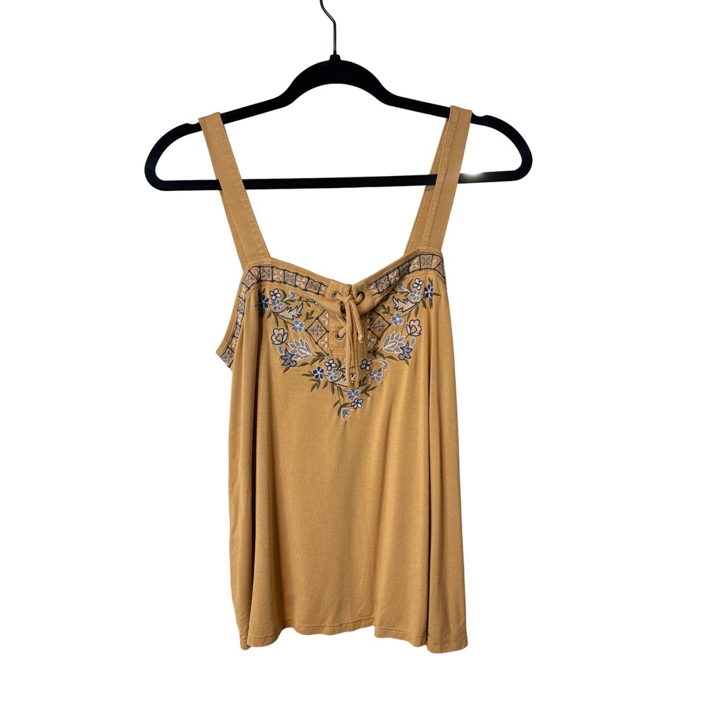 American Eagle Soft & Sexy Embroidered Tank Top Mustard Medium Boho Laceup